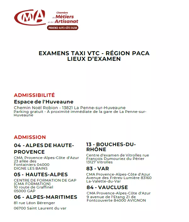Lieux d'examens 2025 - Examens taxis et VTC