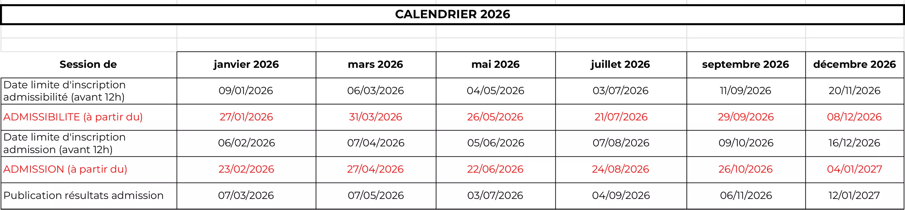 Calendrier 2026 - Examens taxis et VTC